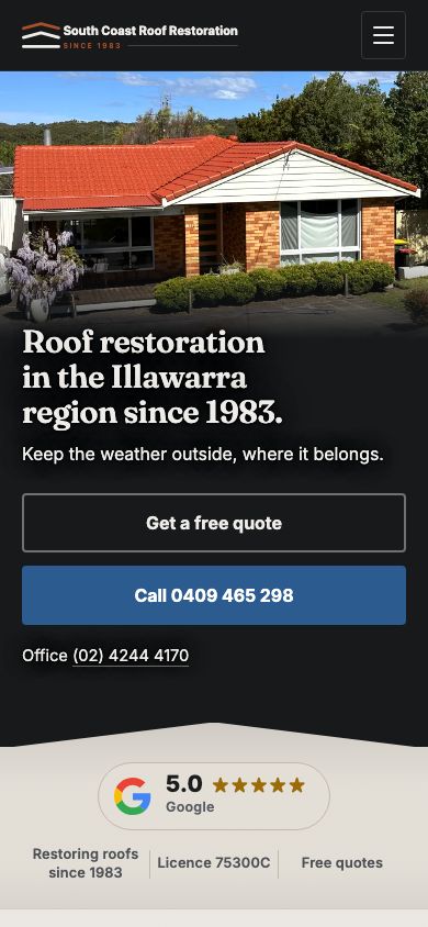 South Coast Roof Restoration website on a phone